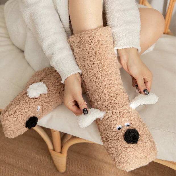 Cute Cartoon Dog Floor Socks Winter Warm Non-slip Plush Socks For Women